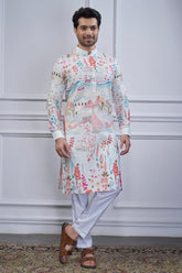 Pearl White Cotton Printed Kurta Pajama